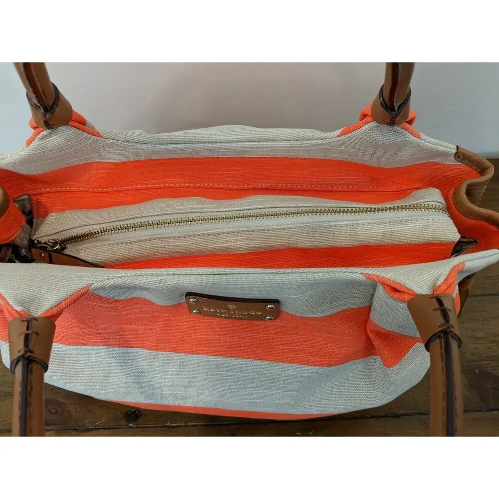 Kate Spade Jubilee Stripe Stevie Shoulder Bag Orange/Khaki Canvas EUC